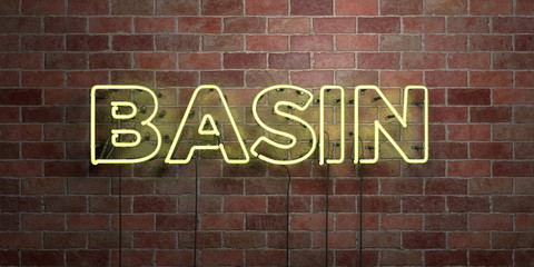 BASIN - fluorescent Neon tube Sign on brickwork - Front view - 3D rendered royalty free stock picture. Can be used for online banner ads and direct mailers..