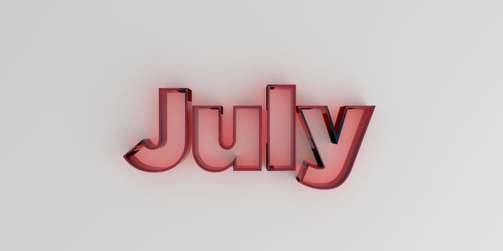July - Red glass text on white background - 3D rendered royalty free stock image.