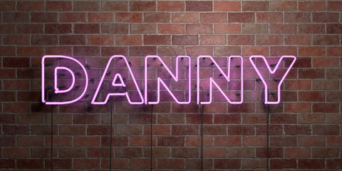 DANNY - fluorescent Neon tube Sign on brickwork - Front view - 3D rendered royalty free stock picture. Can be used for online banner ads and direct mailers..