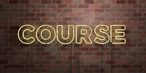 COURSE - fluorescent Neon tube Sign on brickwork - Front view - 3D rendered royalty free stock picture. Can be used for online banner ads and direct mailers..