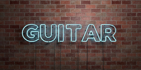 GUITAR - fluorescent Neon tube Sign on brickwork - Front view - 3D rendered royalty free stock picture. Can be used for online banner ads and direct mailers..