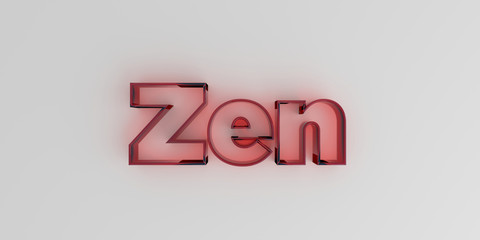 Zen - Red glass text on white background - 3D rendered royalty free stock image.