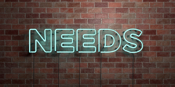 NEEDS - fluorescent Neon tube Sign on brickwork - Front view - 3D rendered royalty free stock picture. Can be used for online banner ads and direct mailers..