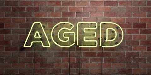 AGED - fluorescent Neon tube Sign on brickwork - Front view - 3D rendered royalty free stock picture. Can be used for online banner ads and direct mailers..