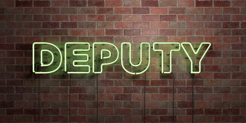 DEPUTY - fluorescent Neon tube Sign on brickwork - Front view - 3D rendered royalty free stock picture. Can be used for online banner ads and direct mailers..