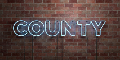 COUNTY - fluorescent Neon tube Sign on brickwork - Front view - 3D rendered royalty free stock picture. Can be used for online banner ads and direct mailers..