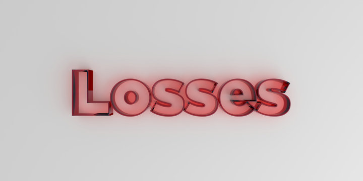 Losses - Red glass text on white background - 3D rendered royalty free stock image.