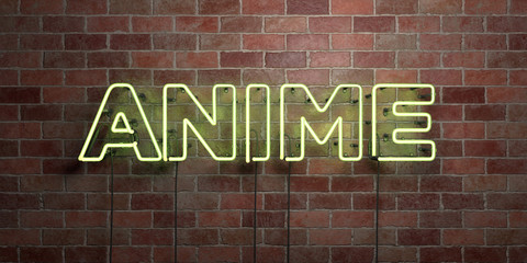 ANIME - fluorescent Neon tube Sign on brickwork - Front view - 3D rendered royalty free stock picture. Can be used for online banner ads and direct mailers..