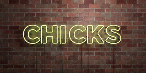 Fototapeta premium CHICKS - fluorescent Neon tube Sign on brickwork - Front view - 3D rendered royalty free stock picture. Can be used for online banner ads and direct mailers..