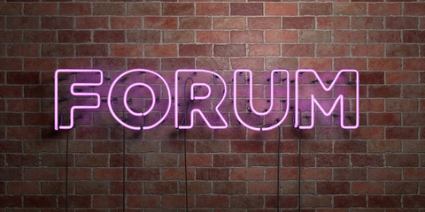 FORUM - fluorescent Neon tube Sign on brickwork - Front view - 3D rendered royalty free stock picture. Can be used for online banner ads and direct mailers..