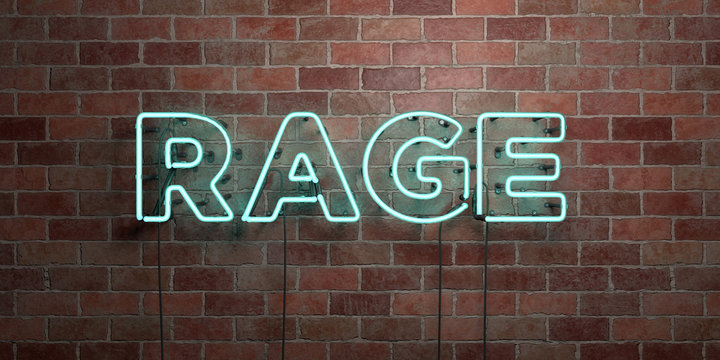 RAGE - fluorescent Neon tube Sign on brickwork - Front view - 3D rendered royalty free stock picture. Can be used for online banner ads and direct mailers..