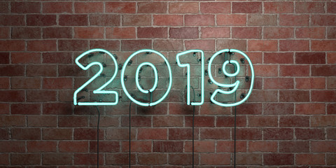 Fototapeta na wymiar 2019 - fluorescent Neon tube Sign on brickwork - Front view - 3D rendered royalty free stock picture. Can be used for online banner ads and direct mailers..