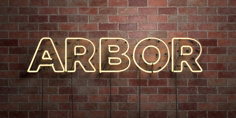 ARBOR - fluorescent Neon tube Sign on brickwork - Front view - 3D rendered royalty free stock picture. Can be used for online banner ads and direct mailers..