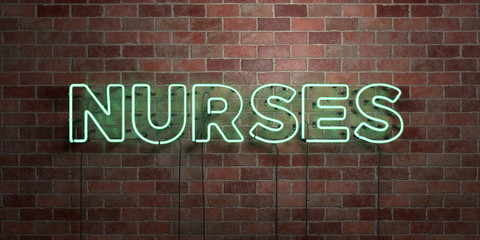 NURSES - fluorescent Neon tube Sign on brickwork - Front view - 3D rendered royalty free stock picture. Can be used for online banner ads and direct mailers..