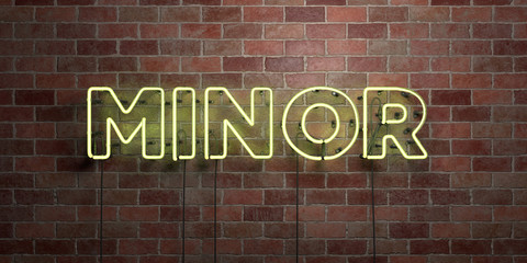 MINOR - fluorescent Neon tube Sign on brickwork - Front view - 3D rendered royalty free stock picture. Can be used for online banner ads and direct mailers..