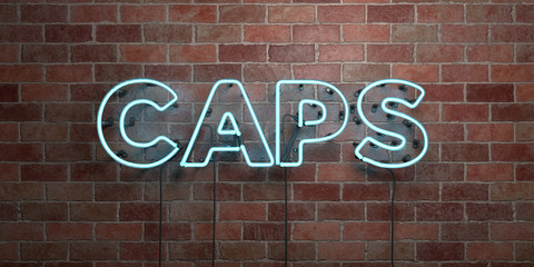 CAPS - fluorescent Neon tube Sign on brickwork - Front view - 3D rendered royalty free stock picture. Can be used for online banner ads and direct mailers..