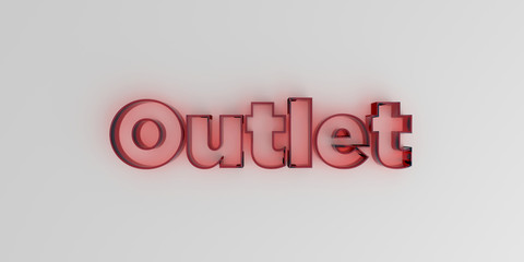 Outlet - Red glass text on white background - 3D rendered royalty free stock image.