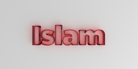 Obraz premium Islam - Red glass text on white background - 3D rendered royalty free stock image.