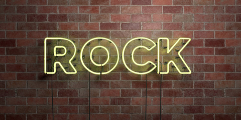 ROCK - fluorescent Neon tube Sign on brickwork - Front view - 3D rendered royalty free stock picture. Can be used for online banner ads and direct mailers..