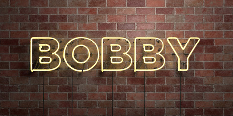 BOBBY - fluorescent Neon tube Sign on brickwork - Front view - 3D rendered royalty free stock picture. Can be used for online banner ads and direct mailers..
