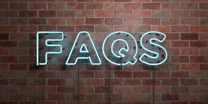 FAQS - fluorescent Neon tube Sign on brickwork - Front view - 3D rendered royalty free stock picture. Can be used for online banner ads and direct mailers..