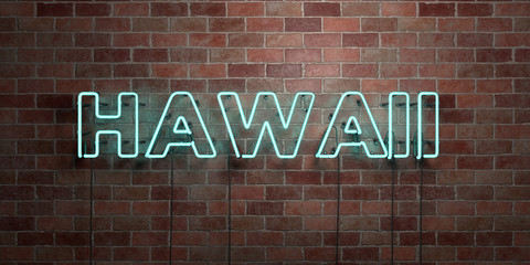HAWAII - fluorescent Neon tube Sign on brickwork - Front view - 3D rendered royalty free stock picture. Can be used for online banner ads and direct mailers..