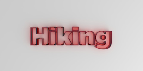 Hiking - Red glass text on white background - 3D rendered royalty free stock image.