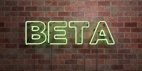 BETA - fluorescent Neon tube Sign on brickwork - Front view - 3D rendered royalty free stock picture. Can be used for online banner ads and direct mailers..