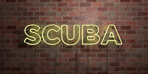 SCUBA - fluorescent Neon tube Sign on brickwork - Front view - 3D rendered royalty free stock picture. Can be used for online banner ads and direct mailers..