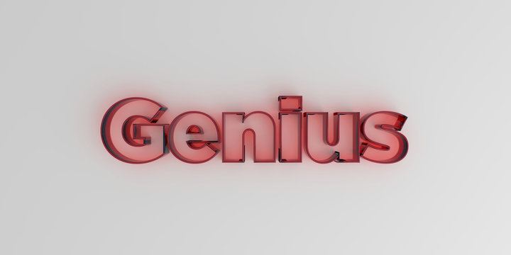 Genius - Red glass text on white background - 3D rendered royalty free stock image.