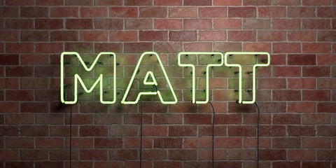 MATT - fluorescent Neon tube Sign on brickwork - Front view - 3D rendered royalty free stock picture. Can be used for online banner ads and direct mailers..