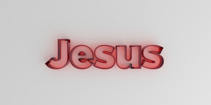 Jesus - Red glass text on white background - 3D rendered royalty free stock image.