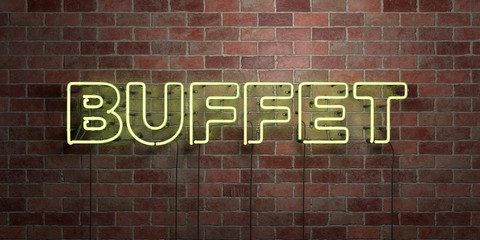 BUFFET - fluorescent Neon tube Sign on brickwork - Front view - 3D rendered royalty free stock picture. Can be used for online banner ads and direct mailers..