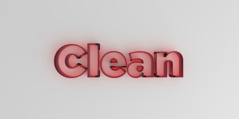 Clean - Red glass text on white background - 3D rendered royalty free stock image.