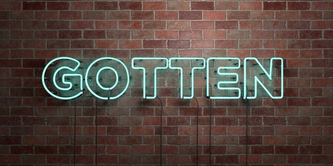 GOTTEN - fluorescent Neon tube Sign on brickwork - Front view - 3D rendered royalty free stock picture. Can be used for online banner ads and direct mailers..