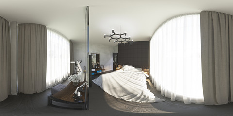 3d illustration spherical 360 degrees, seamless panorama of bedroom interior design. The bedroom is made in grey and brown tones in a modern style 