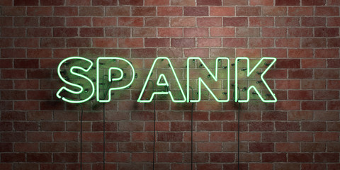 SPANK - fluorescent Neon tube Sign on brickwork - Front view - 3D rendered royalty free stock picture. Can be used for online banner ads and direct mailers..
