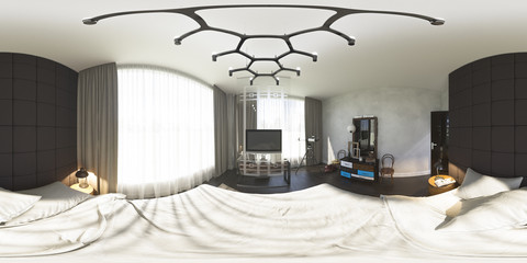 3d illustration spherical 360 degrees, seamless panorama of bedroom interior design. The bedroom is made in grey and brown tones in a modern style 