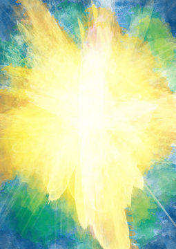 White cross on bursting light rays background, abstract Christian Easter illustration