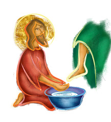 Washing of feet - Jesus Christ washing the feet of the apostles. Abstract artistic modern religious christian illustration