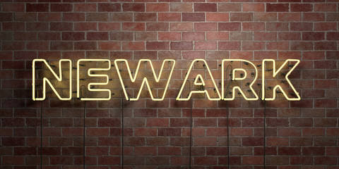 NEWARK - fluorescent Neon tube Sign on brickwork - Front view - 3D rendered royalty free stock picture. Can be used for online banner ads and direct mailers..