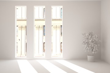 White empty room with urban landscape in window. Scandinavian interior design