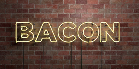 BACON - fluorescent Neon tube Sign on brickwork - Front view - 3D rendered royalty free stock picture. Can be used for online banner ads and direct mailers..