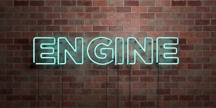 ENGINE - fluorescent Neon tube Sign on brickwork - Front view - 3D rendered royalty free stock picture. Can be used for online banner ads and direct mailers..