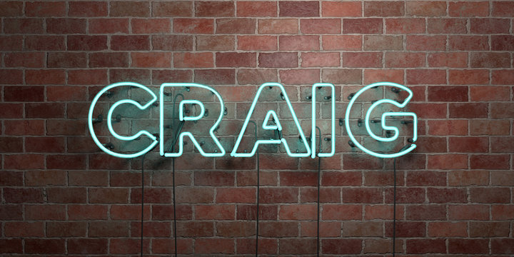 CRAIG - fluorescent Neon tube Sign on brickwork - Front view - 3D rendered royalty free stock picture. Can be used for online banner ads and direct mailers..