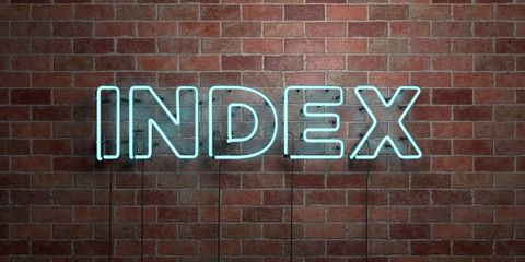 INDEX - fluorescent Neon tube Sign on brickwork - Front view - 3D rendered royalty free stock picture. Can be used for online banner ads and direct mailers..