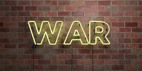 WAR - fluorescent Neon tube Sign on brickwork - Front view - 3D rendered royalty free stock picture. Can be used for online banner ads and direct mailers..