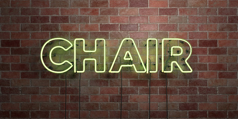 CHAIR - fluorescent Neon tube Sign on brickwork - Front view - 3D rendered royalty free stock picture. Can be used for online banner ads and direct mailers..