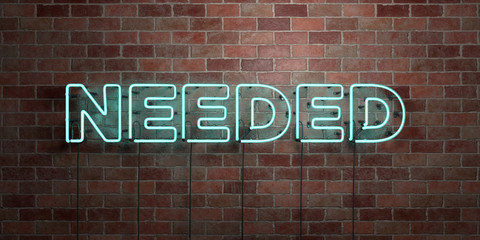 NEEDED - fluorescent Neon tube Sign on brickwork - Front view - 3D rendered royalty free stock picture. Can be used for online banner ads and direct mailers..