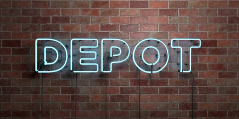 DEPOT - fluorescent Neon tube Sign on brickwork - Front view - 3D rendered royalty free stock picture. Can be used for online banner ads and direct mailers..